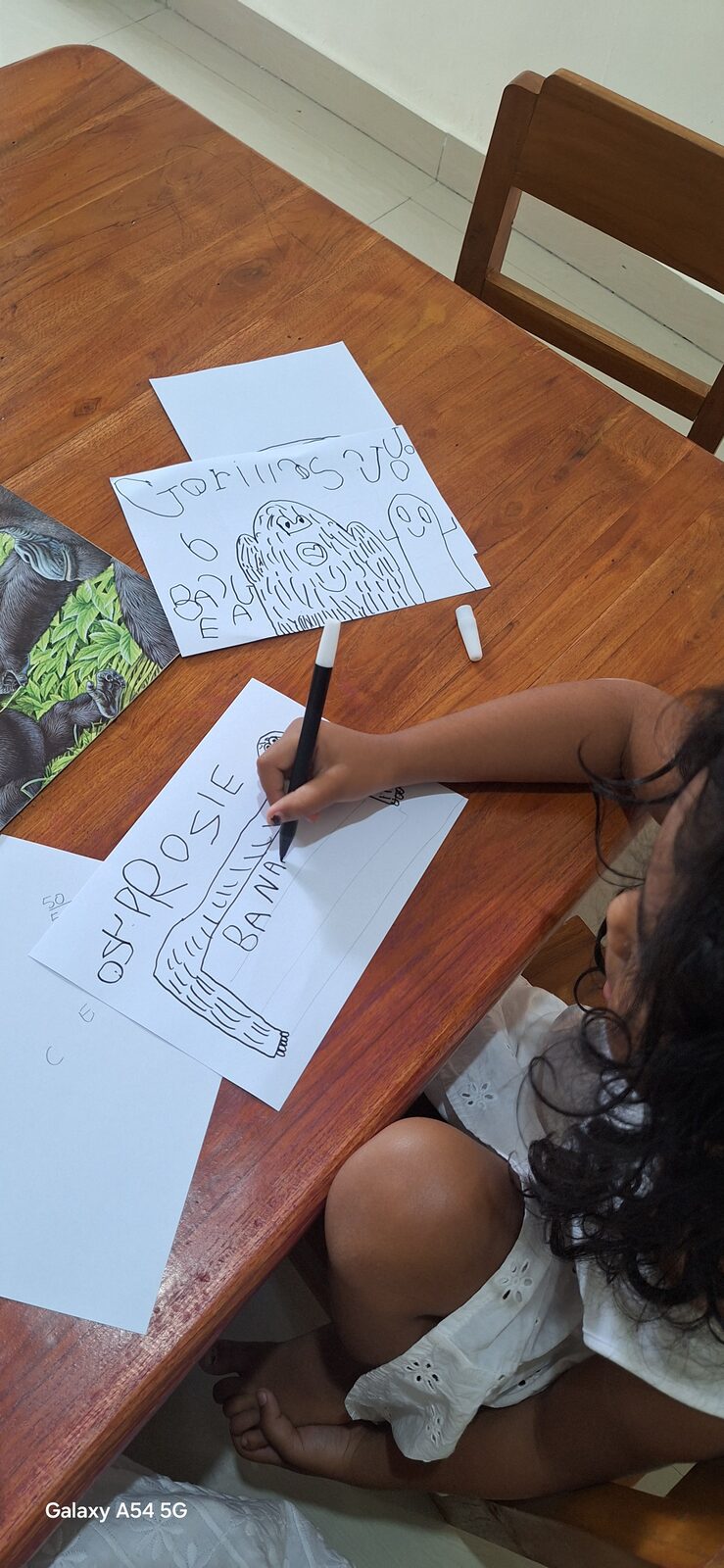 A child writing and drawing a gorilla on paper beside an open animal book